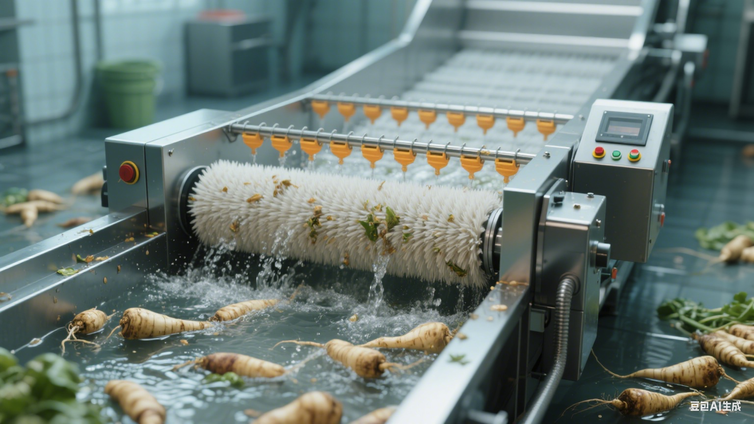 在根茎类食材清洗领域，毛辊清洗机凭借独特的设计和实用的功能(1)